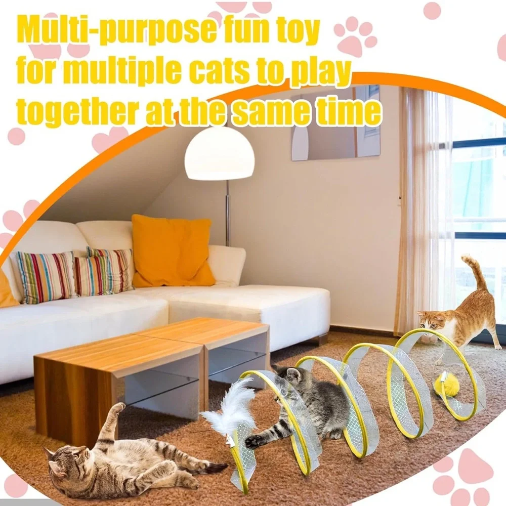 ✨BNWT - Foldable Interactive Cat Tunnel with Bell/Feather/PomPom Balls - Yellow✨